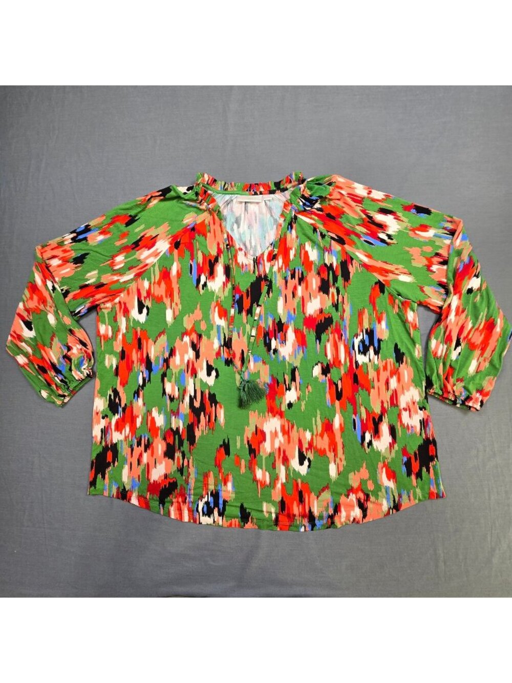 NEW Kim Gravel Belle 2X Blouse Green Abstract Print Long Sleeve Tassels